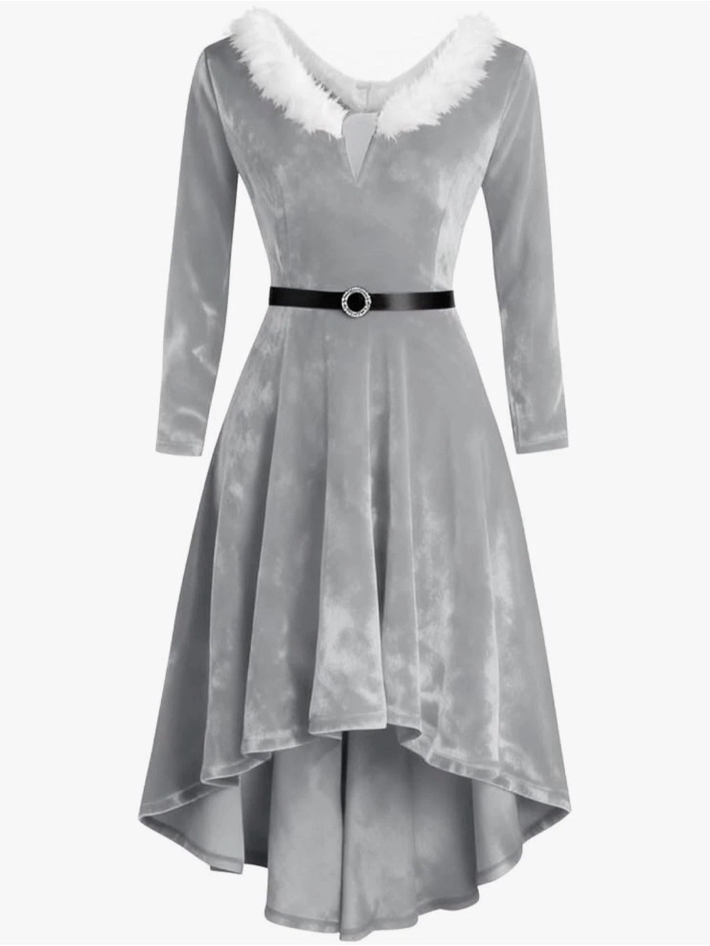 Elegant Gray Velvet High-Low Dress with Faux Fur Trim Size S